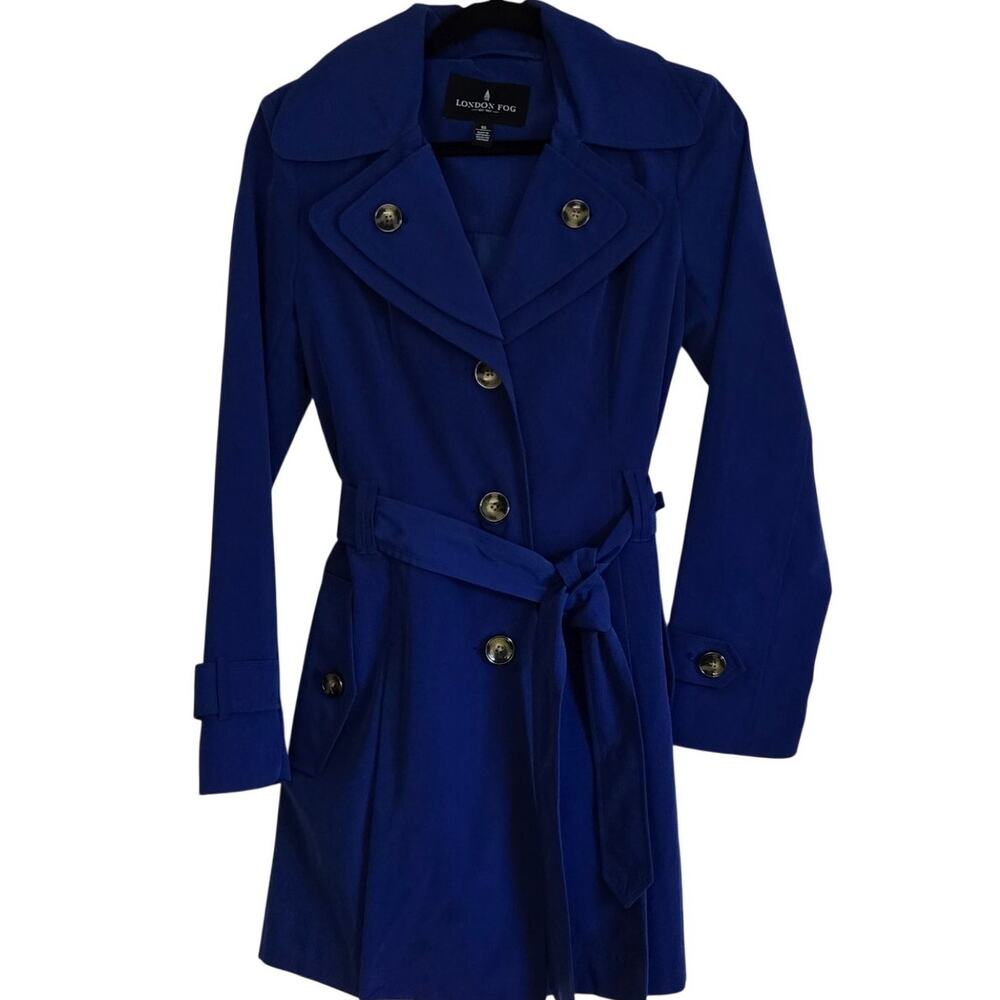 London Fog Royal Blue Double‑Collar Belted Trench Coat Tortoise Buttons Size XS